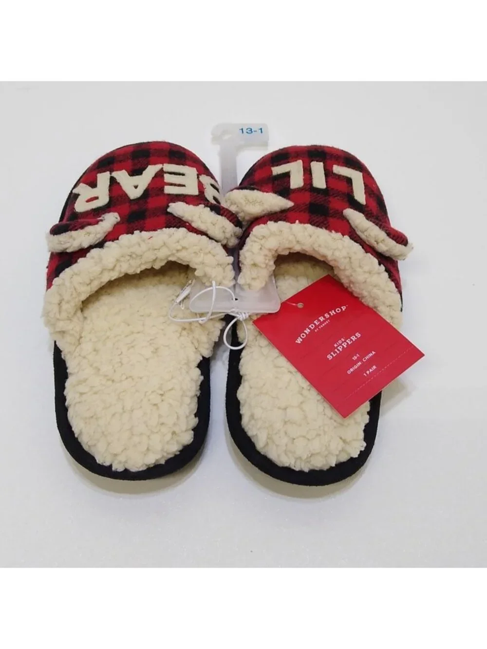 Wondershop Kids Lil Bear Slippers Size 13-1 Red & Black Plaid Faux Fur Lining